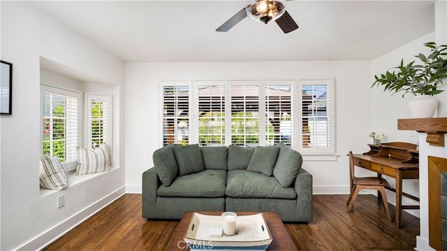 2336 N Riverside Dr, Santa Ana, CA 92706 - living room with baseboards, dark wood-style flooring, and ceiling fan