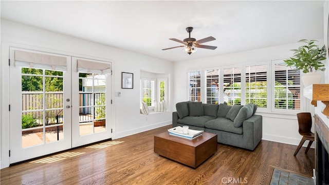 2336 N Riverside Dr, Santa Ana, CA 92706 - living room with french doors, a ceiling fan, baseboards, and wood finished floors