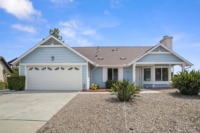 4888 Northerly St, Oceanside, CA 92056 - ranch-style house featuring a chimney, an attached garage, driveway, and a shingled roof
