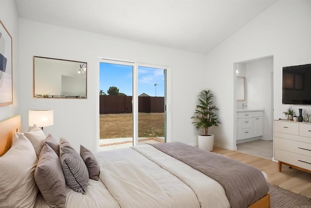4888 Northerly St, Oceanside, CA 92056 - bedroom featuring light wood-style floors, vaulted ceiling, access to outside, and ensuite bath