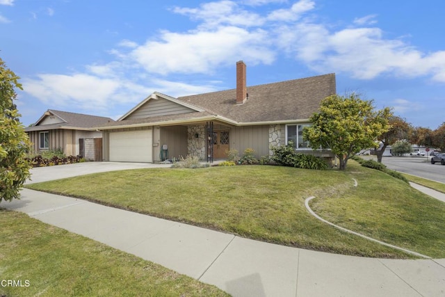 9502 El Portal Ct, Ventura, CA 93004 - single story home with a front lawn, an attached garage, concrete driveway, and a chimney