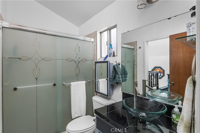 1983 Cirlce Dr, Cayucos, CA 93430 - full bath with lofted ceiling, a stall shower, toilet, and vanity