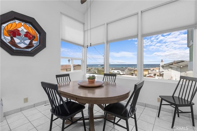 1983 Cirlce Dr, Cayucos, CA 93430 - dining area featuring light tile patterned floors, baseboards, and a water view
