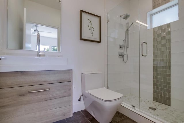 747 S Cedros Ave, Solana Beach, CA 92075 - full bath featuring a stall shower, toilet, vanity, and tile patterned floors