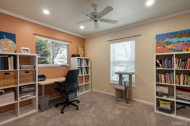 577 S Albertson Ave, Covina, CA 91723 - office area featuring ornamental molding, ceiling fan, carpet, recessed lighting, and baseboards