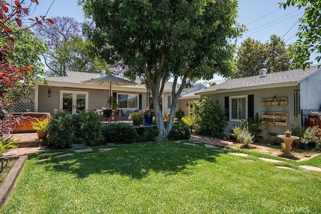 577 S Albertson Ave, Covina, CA 91723 - rear view of house featuring a hot tub, stucco siding, french doors, a yard, and roof with shingles