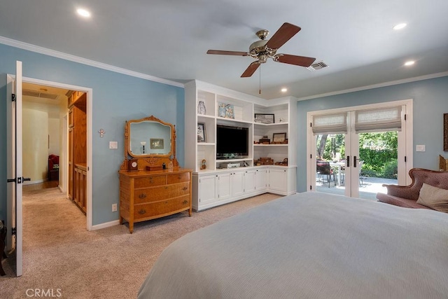 577 S Albertson Ave, Covina, CA 91723 - bedroom featuring french doors, access to exterior, light colored carpet, ornamental molding, and recessed lighting