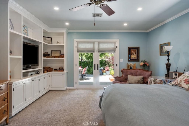 577 S Albertson Ave, Covina, CA 91723 - bedroom with french doors, access to outside, ornamental molding, light carpet, and recessed lighting
