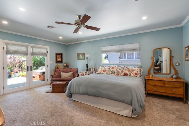 577 S Albertson Ave, Covina, CA 91723 - bedroom featuring access to exterior, carpet floors, french doors, ornamental molding, and recessed lighting
