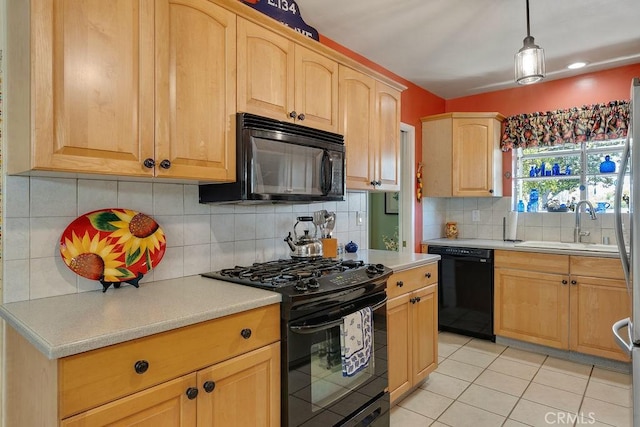 577 S Albertson Ave, Covina, CA 91723 - kitchen featuring black appliances, light brown cabinets, a sink, light countertops, and backsplash