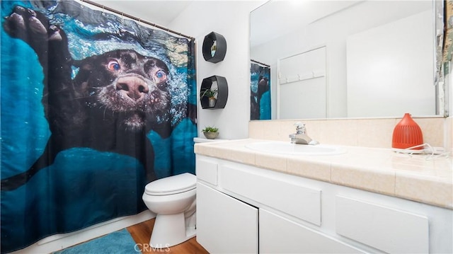3458 Santa Barbara Ct, Palmdale, CA 93550 - bathroom featuring vanity, toilet, wood finished floors, and curtained shower