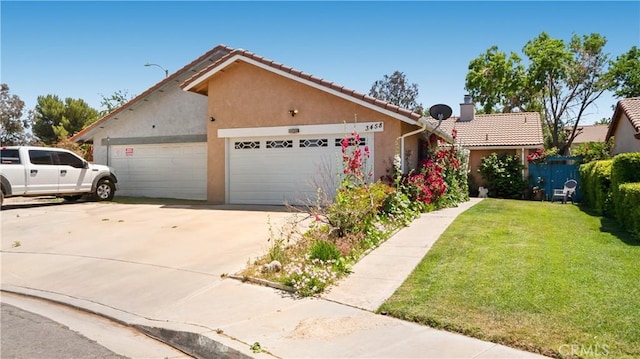 3458 Santa Barbara Ct, Palmdale, CA 93550 - view of front of property featuring stucco siding, a front lawn, a chimney, an attached garage, and concrete driveway