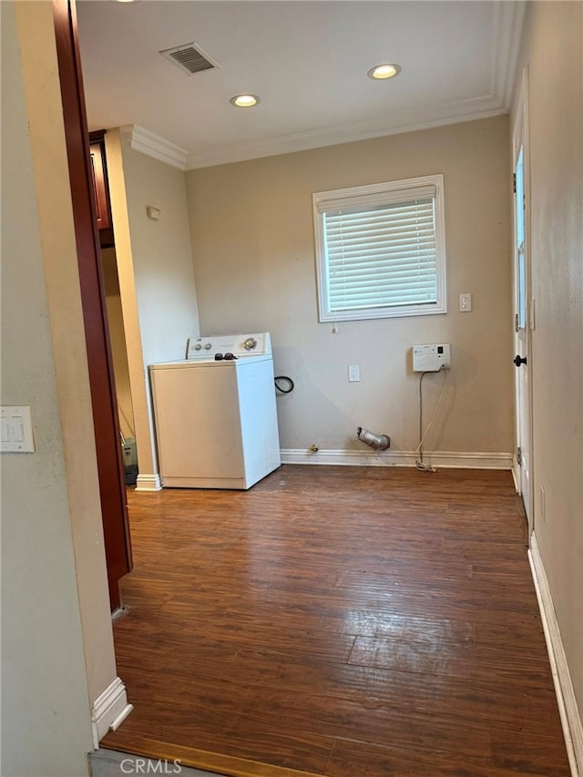 1030 E M St, Wilmington, CA 90744 - washroom featuring washer / dryer, crown molding, dark wood finished floors, baseboards, and recessed lighting