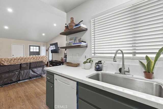 16251 Malaga St, Fontana, CA 92336 - kitchen featuring dishwasher, a sink, wood finished floors, recessed lighting, and open shelves