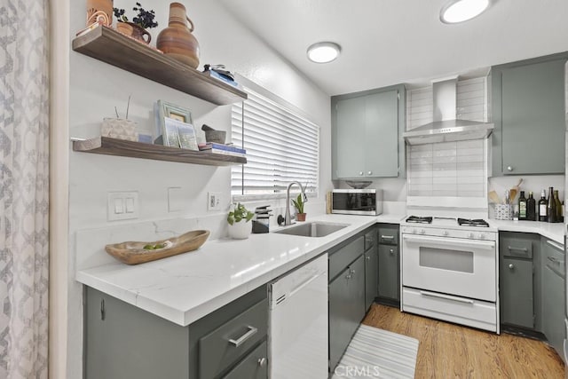 16251 Malaga St, Fontana, CA 92336 - kitchen with open shelves, white appliances, a sink, and gray cabinetry