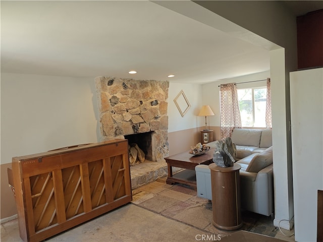 49438 Conejo Rd, Morongo Valley, CA 92256 - living room featuring a stone fireplace and recessed lighting