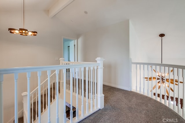 7411 Brava St, Carlsbad, CA 92009 - corridor with an upstairs landing, carpet flooring, and a chandelier