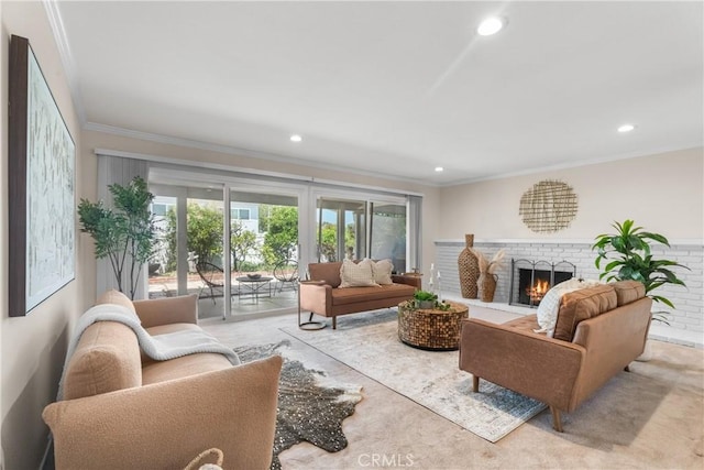 25001 Mackenzie St, Laguna Hills, CA 92653 - living room featuring a brick fireplace, crown molding, and recessed lighting