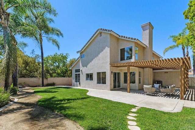 32175 Via Flore, Temecula, CA 92592 - rear view of property with a pergola, stucco siding, a fenced backyard, a patio area, and a chimney