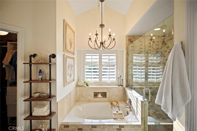6617 Oak Forest Dr, Oak Park, CA 91377 - full bath featuring a chandelier, a garden tub, a stall shower, lofted ceiling, and a walk in closet