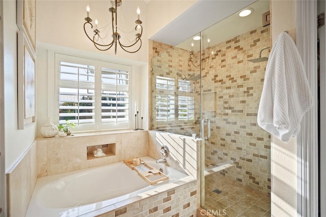 6617 Oak Forest Dr, Oak Park, CA 91377 - bathroom with a garden tub, a shower stall, and a chandelier