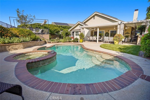 6617 Oak Forest Dr, Oak Park, CA 91377 - view of swimming pool with ceiling fan, a patio, and a pool with connected hot tub