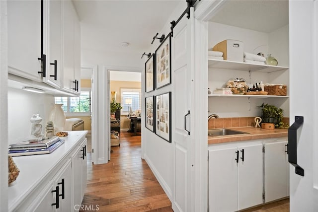 6617 Oak Forest Dr, Oak Park, CA 91377 - corridor with a sink, light wood-type flooring, and a barn door