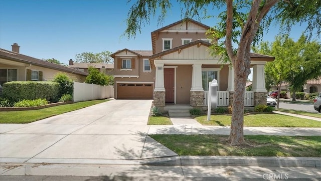 25931 Lugo Dr, Loma Linda, CA 92354 - craftsman house with stone siding, a garage, concrete driveway, covered porch, and stucco siding