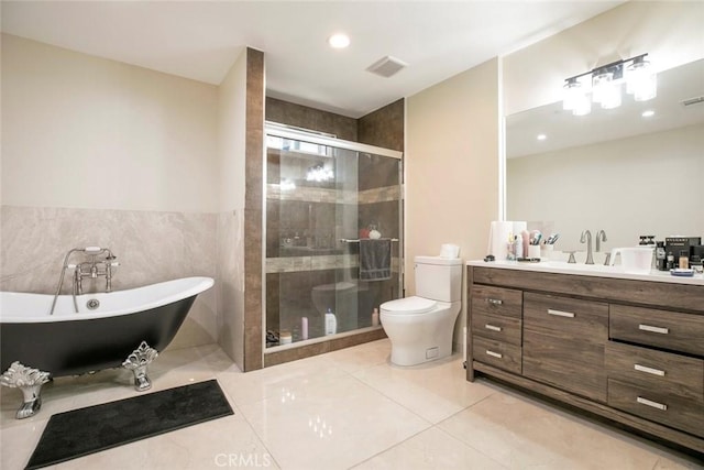17465 Tuscan Dr, Granada Hills, CA 91344 - full bath with a shower stall, tile patterned flooring, toilet, a freestanding bath, and vanity