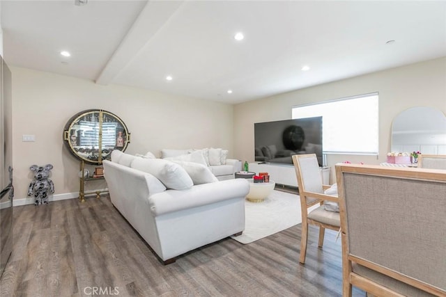 17465 Tuscan Dr, Granada Hills, CA 91344 - living area featuring wood finished floors, recessed lighting, beamed ceiling, plenty of natural light, and baseboards