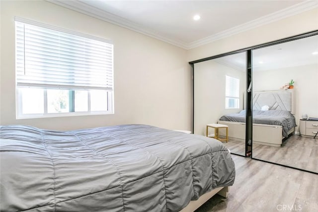 17465 Tuscan Dr, Granada Hills, CA 91344 - bedroom with wood finished floors, crown molding, multiple windows, recessed lighting, and a closet