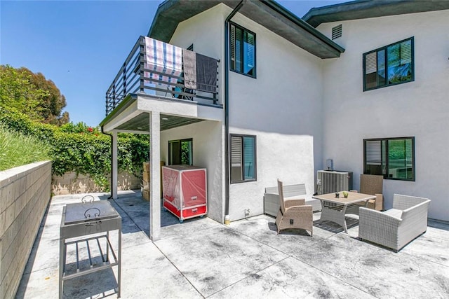 17465 Tuscan Dr, Granada Hills, CA 91344 - fenced backyard with a balcony, a patio area, and central AC unit