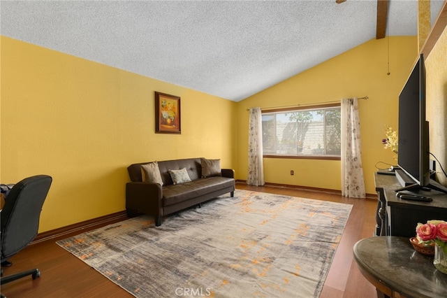 756 W Fontlee Ln, Rialto, CA 92376 - living room with lofted ceiling, wood finished floors, a textured ceiling, and baseboards