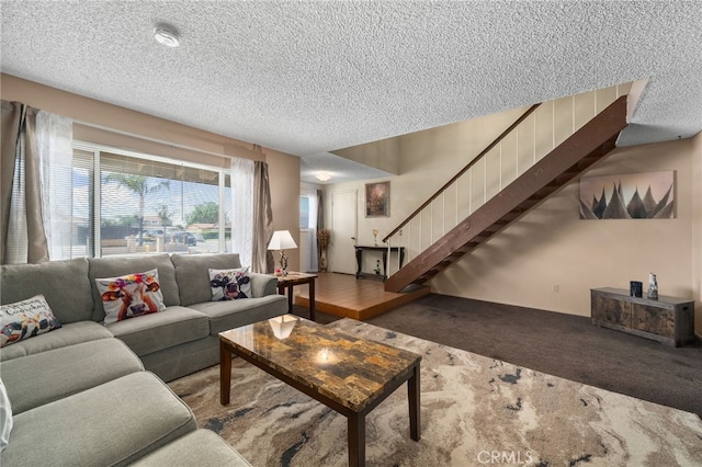 756 W Fontlee Ln, Rialto, CA 92376 - living room with carpet, stairway, and a textured ceiling