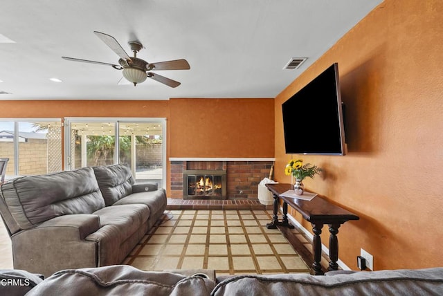 1531 Lakehurst St, Oxnard, CA 93030 - living area featuring a ceiling fan and a brick fireplace