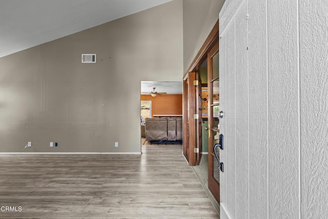 1531 Lakehurst St, Oxnard, CA 93030 - entryway with wood finished floors, high vaulted ceiling, a ceiling fan, and baseboards