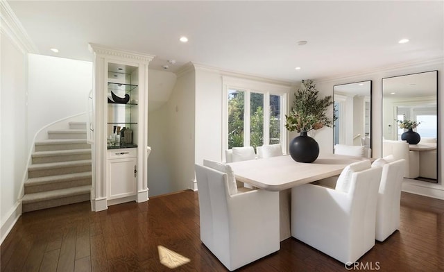2163 Crestview Dr, Laguna Beach, CA 92651 - dining room featuring crown molding, stairway, dark wood finished floors, and recessed lighting