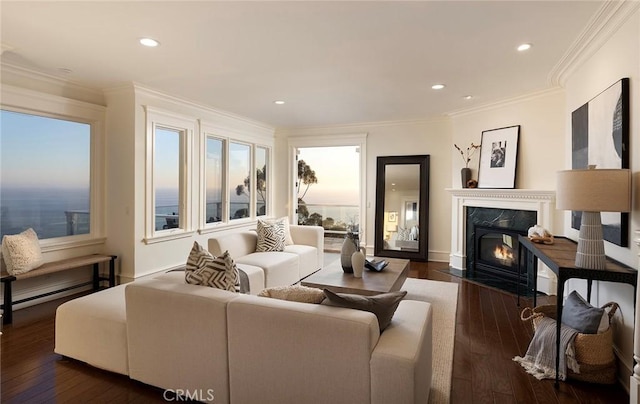 2163 Crestview Dr, Laguna Beach, CA 92651 - living area with dark wood finished floors, a fireplace, crown molding, recessed lighting, and baseboards