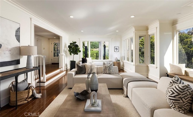 2163 Crestview Dr, Laguna Beach, CA 92651 - living room with plenty of natural light, wood finished floors, recessed lighting, crown molding, and baseboards