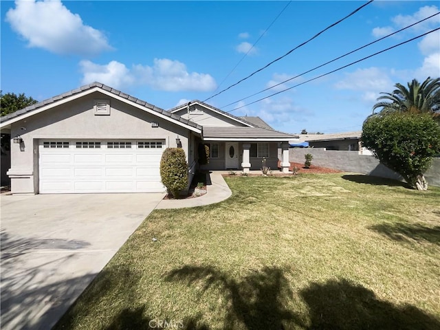 single story home featuring a garage, stucco siding, driveway, a porch, and a tile roof