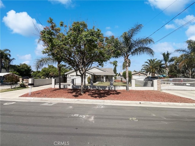 view of front of property with a fenced front yard and a gate