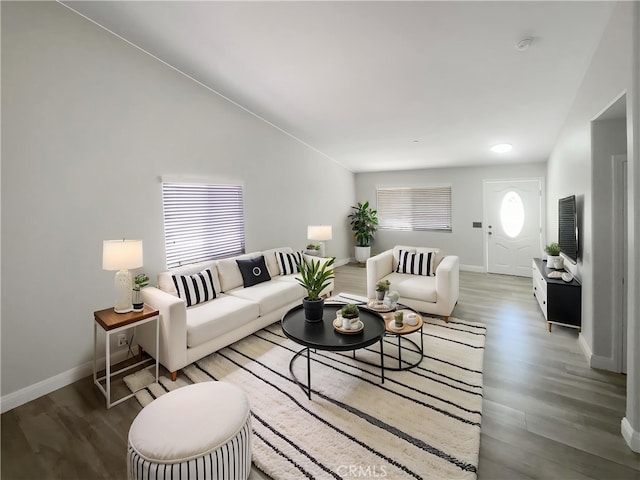 living room featuring wood finished floors and baseboards