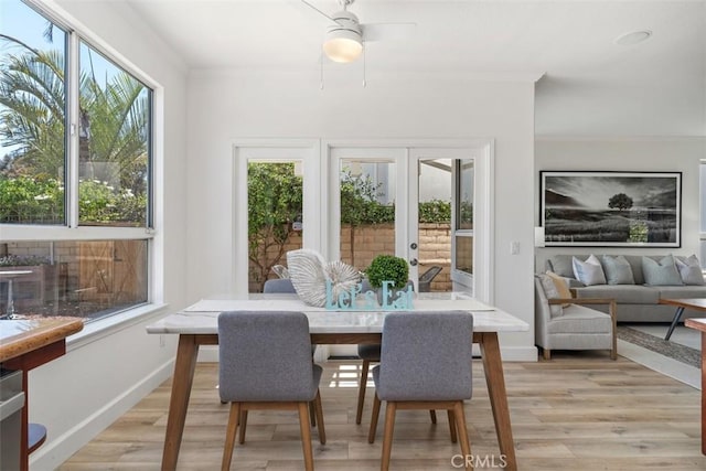 24882 Summerwind, Dana Point, CA 92629 - dining room with light wood-style floors, baseboards, a ceiling fan, and ornamental molding