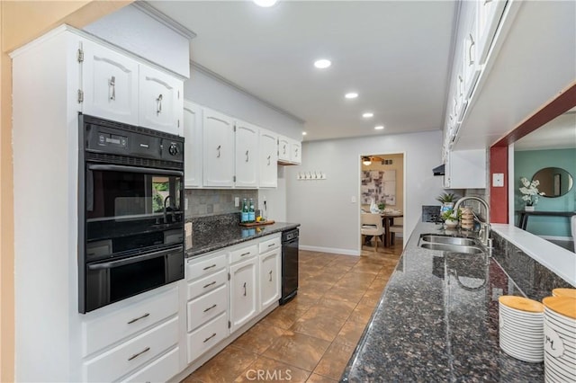8535 La Vine St, Rancho Cucamonga, CA 91701 - kitchen featuring a sink, decorative backsplash, recessed lighting, white cabinetry, and dark stone countertops