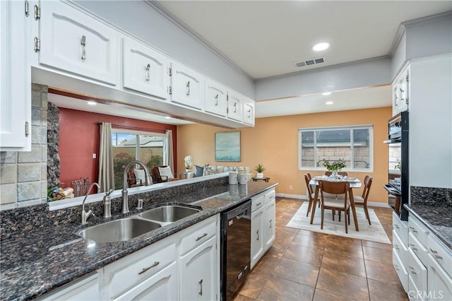 8535 La Vine St, Rancho Cucamonga, CA 91701 - kitchen featuring a sink, black appliances, white cabinetry, dark tile patterned floors, and dark stone countertops
