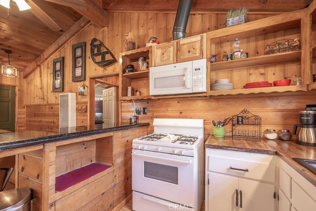 308 W Mojave Blvd, Big Bear City, CA 92314 - kitchen featuring open shelves, white appliances, wooden walls, wooden ceiling, and lofted ceiling