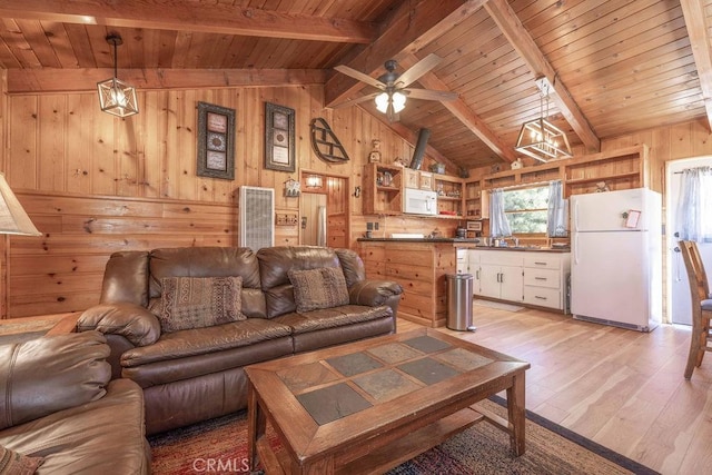 308 W Mojave Blvd, Big Bear City, CA 92314 - living area featuring wooden walls, light wood finished floors, wood ceiling, and ceiling fan