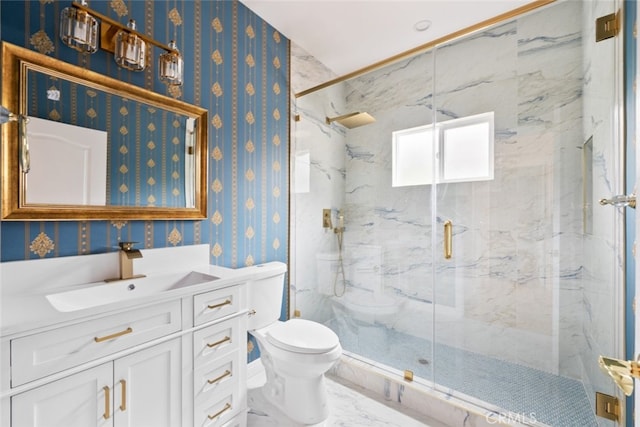 17148 Stare St, Northridge, CA 91325 - full bathroom featuring a marble finish shower, toilet, vanity, marble finish flooring, and wallpapered walls