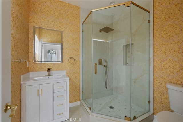 17148 Stare St, Northridge, CA 91325 - full bath with toilet, a shower stall, wallpapered walls, and vanity