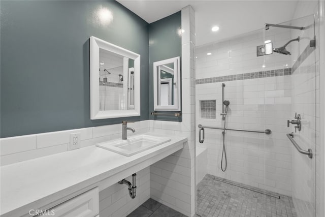 17148 Stare St, Northridge, CA 91325 - full bathroom featuring a stall shower, a sink, and recessed lighting